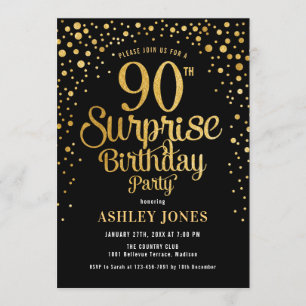 Surprise 90th Birthday Party - Black & Gold Invitation