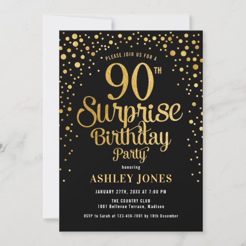 Surprise 90th Birthday Party _ Black  Gold Invitation