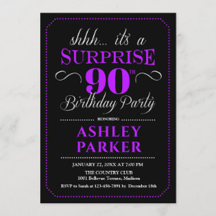 Surprise 90th Birthday Party - Black Purple Invitation