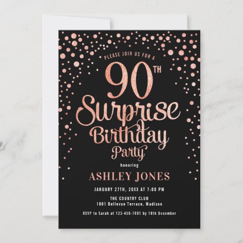 Surprise 90th Birthday Party _ Black  Rose Gold Invitation