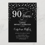 Surprise 90th Birthday Party - Black Silver Invitation<br><div class="desc">Surprise 90th Birthday Party Invitation.
Elegant design in black and faux glitter silver. Features script font and diamonds confetti. Cheers to 90 Years! Message me if you need further customization.</div>