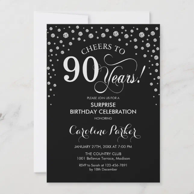 Surprise 90th Birthday Party - Black Silver Invitation | Zazzle