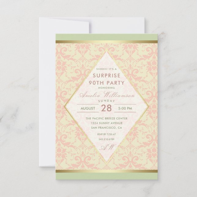 Surprise 90th Birthday Party | Damask Diamond Bow Invitation (Front)