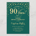 Surprise 90th Birthday Party - Emerald Green Gold Invitation<br><div class="desc">Surprise 90th Birthday Party Invitation.
Elegant design in emerald green and faux glitter gold. Features script font and diamonds confetti. Cheers to 90 Years! Message me if you need further customization.</div>