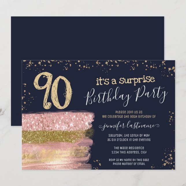 Surprise 90th Birthday Party Glitter Cake Invitation (Front/Back)