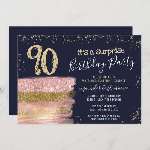 Surprise 90th Birthday Party Glitter Cake Invitation
