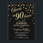 Surprise 90th Birthday Party - Gold Black Invitation<br><div class="desc">Surprise 90th Birthday Party Invitation
Elegant design with faux glitter gold and black. Features script font and confetti. Cheers to 90 Years! Message me if you need a custom age.</div>