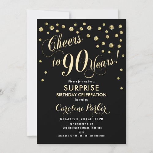 Surprise 90th Birthday Party _ Gold Black Invitation