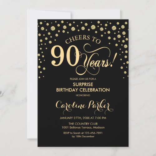 Surprise 90th Birthday Party _ Gold Black Invitation
