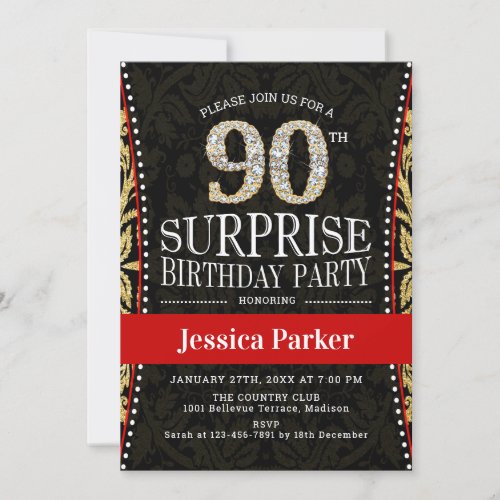 Surprise 90th Birthday Party _ Gold Black Red Invitation