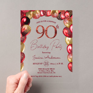 Surprise 90th Birthday Party Gold Burgundy Glitter Acrylic Invitations