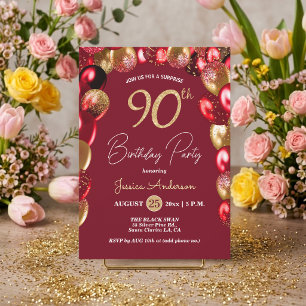 Surprise 90th Birthday Party Gold Burgundy Glitter Invitation