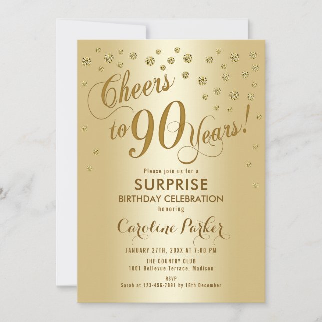 Surprise 90th Birthday Party - Gold Invitation (Front)