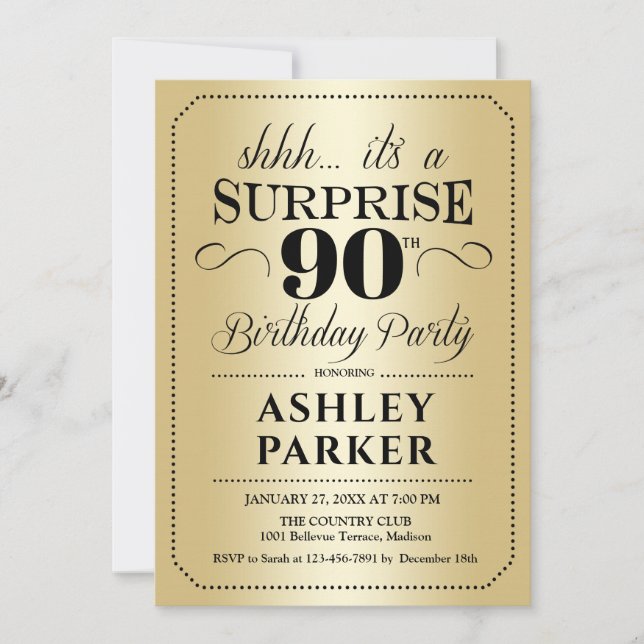 Surprise 90th Birthday Party - Gold Invitation (Front)