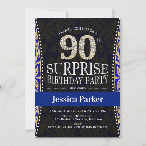 Surprise 90th Birthday Party _ Gold Navy Blue Invitation