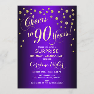 Surprise 90th Birthday Party - Gold Purple Invitation