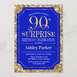 Surprise 90th Birthday Party - Gold Royal Blue Invitation