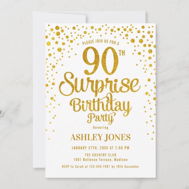 Surprise 90th Birthday Party - Gold & White Invitation (Front)