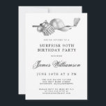 SURPRISE 90th Birthday Party Golf Theme Invitation<br><div class="desc">Elegant black and white birthday invitation for a golfer. The top of the invitation is decorated with golf accessories - a golf club, golf ball, hat and gloves. The watercolor design creates a traditional and classic aesthetic. Perfect for a birthday bash at the club or a backyard BBQ. All of...</div>
