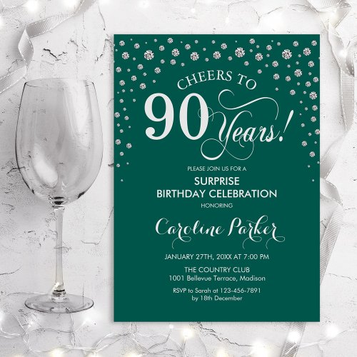 Surprise 90th Birthday Party _ Green Silver Invitation