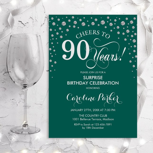 Surprise 90th Birthday Party - Green Silver Invitation (Creator Uploaded)