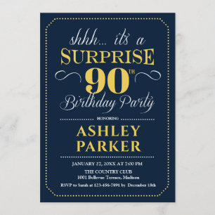 Surprise 90th Birthday Party - Navy Gold Invitation