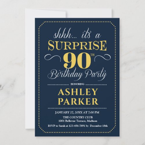 Surprise 90th Birthday Party _ Navy Gold Invitation