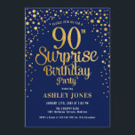 Surprise 90th Birthday Party - Navy & Gold Invitation<br><div class="desc">Surprise 90th Birthday Party Invitation.
Elegant design in navy blue and faux glitter gold. Features stylish script font and confetti. Message me if you need custom age.</div>