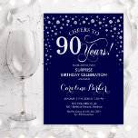 Surprise 90th Birthday Party - Navy Silver Invitation<br><div class="desc">Surprise 90th Birthday Party Invitation.
Elegant design in navy blue and faux glitter silver. Features script font and diamonds confetti. Cheers to 90 Years! Message me if you need further customization.</div>