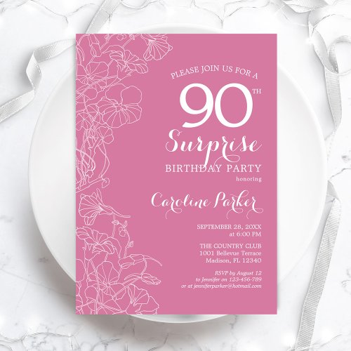 Surprise 90th Birthday Party _ Pink Floral Invitation