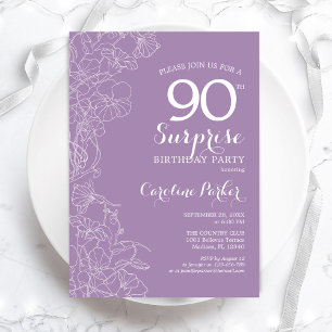 Surprise 90th Birthday Party - Purple Floral Invitation