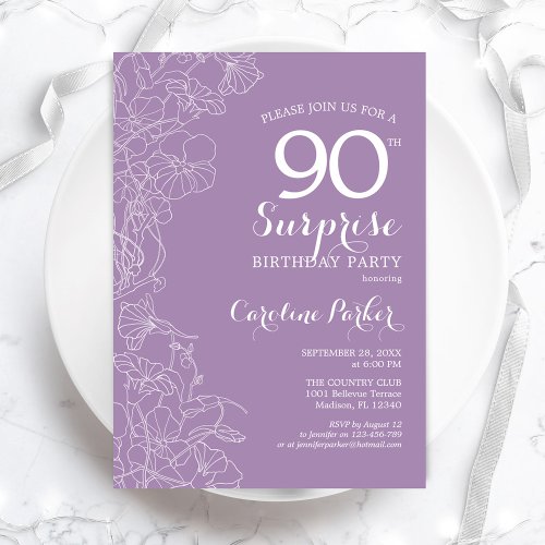 Surprise 90th Birthday Party _ Purple Floral Invitation