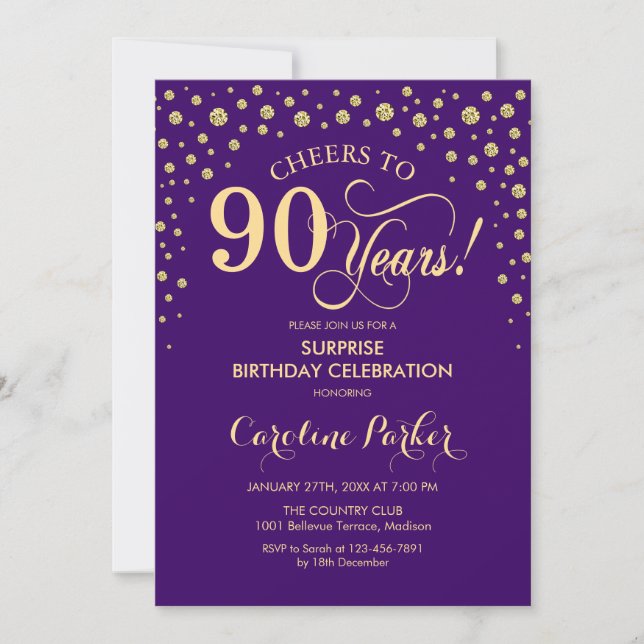 Surprise 90th Birthday Party - Purple Gold Invitation (Front)