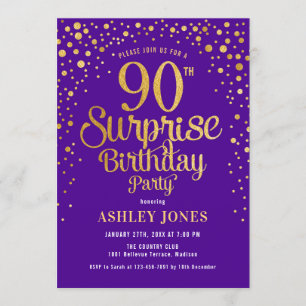Surprise 90th Birthday Party - Purple & Gold Invitation