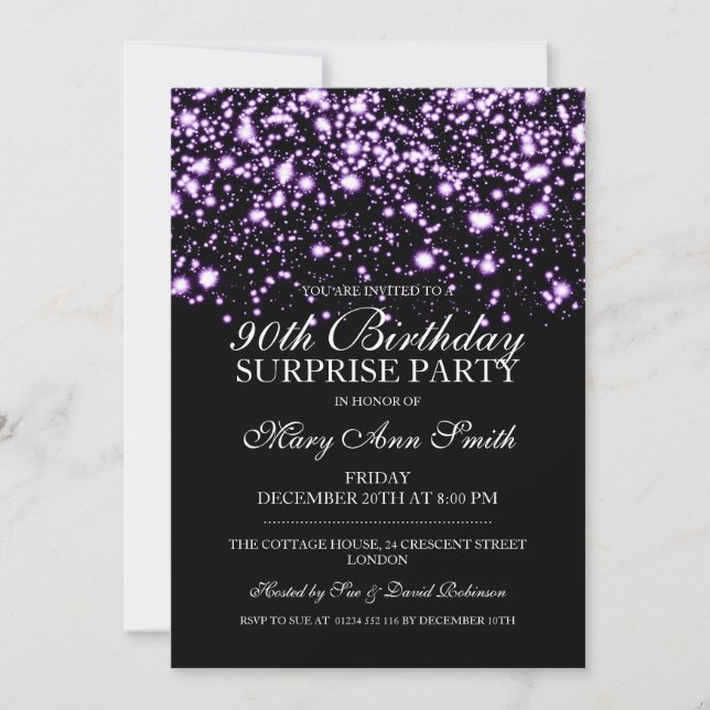 Surprise 90th Birthday Party Purple Midnight Glam Invitation (Front)
