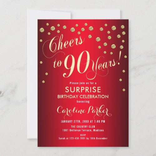 Surprise 90th Birthday Party _ Red Gold Invitation