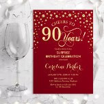 Surprise 90th Birthday Party - Red Gold Invitation<br><div class="desc">Surprise 90th Birthday Party Invitation.
Elegant design in dark red and faux glitter gold. Features script font and diamonds confetti. Cheers to 90 Years! Message me if you need further customization.</div>