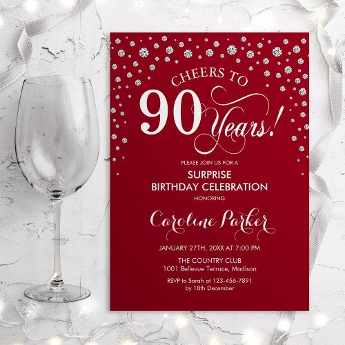 Surprise 90th Birthday Party _ Red Silver Invitation