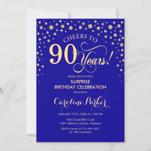 Surprise 90th Birthday Party _ Royal Blue Gold Invitation