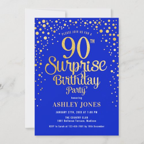 Surprise 90th Birthday Party _ Royal Blue  Gold Invitation