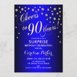 Surprise 90th Birthday Party - Royal Blue Gold Invitation<br><div class="desc">Surprise 90th Birthday Party Invitation
Elegant design in royal blue with faux glitter gold. Features script font and confetti. Cheers to 90 Years! Message me if you need a custom age.</div>