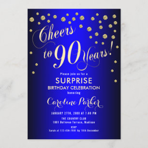 Surprise 90th Birthday Party - Royal Blue Gold Invitation