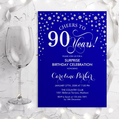 Surprise 90th Birthday Party _ Royal Blue Silver Invitation