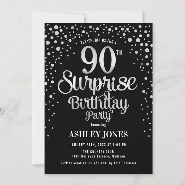 Surprise 90th Birthday Party - Silver & Black Invitation (Front)