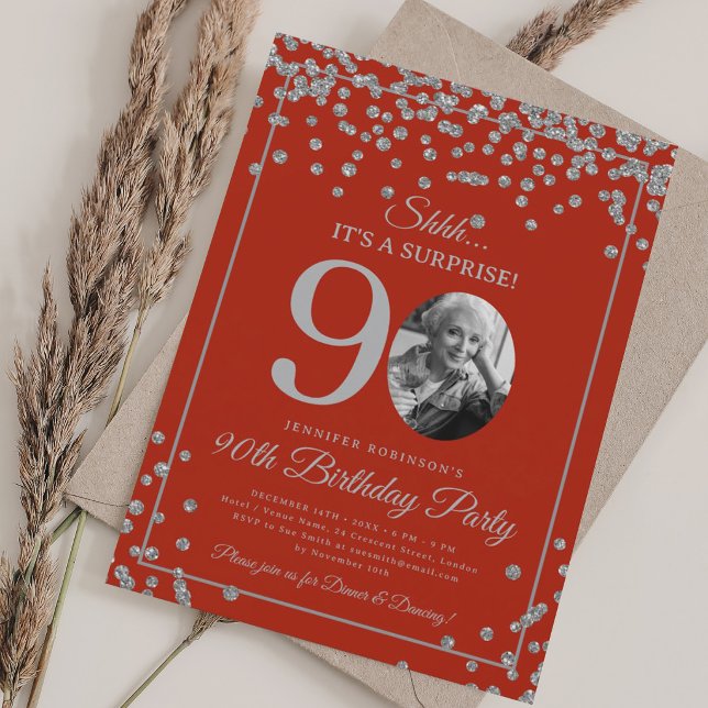 SURPRISE 90th Birthday Party Silver Confetti Red  Invitation (SURPRISE 90th Birthday Party Silver Confetti Red Invitation)