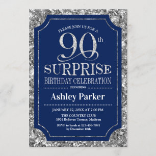 Surprise 90th Birthday Party - Silver Navy Blue Invitation