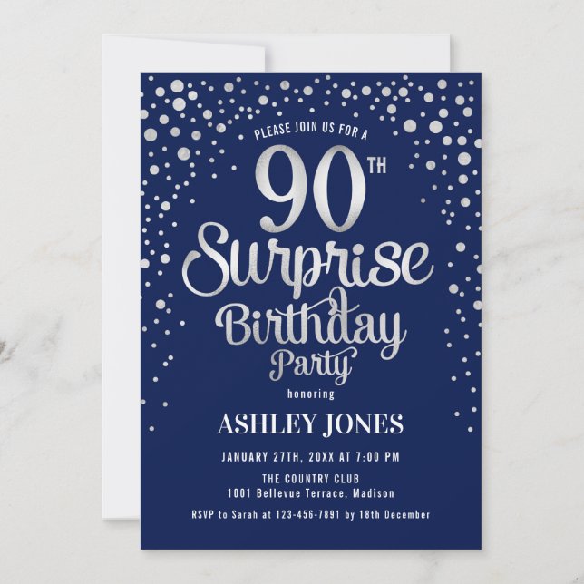 Surprise 90th Birthday Party - Silver & Navy Blue Invitation (Front)
