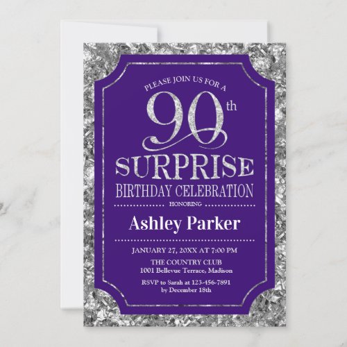 Surprise 90th Birthday Party _ Silver Purple Invitation