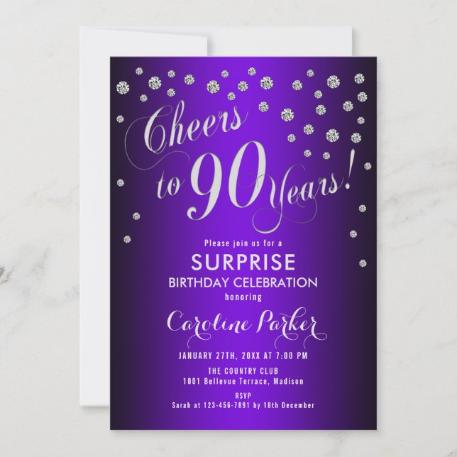 Surprise 90th Birthday Party - Silver Purple Invitation (Front)
