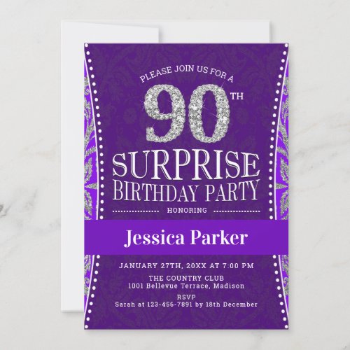 Surprise 90th Birthday Party _ Silver Purple Invitation